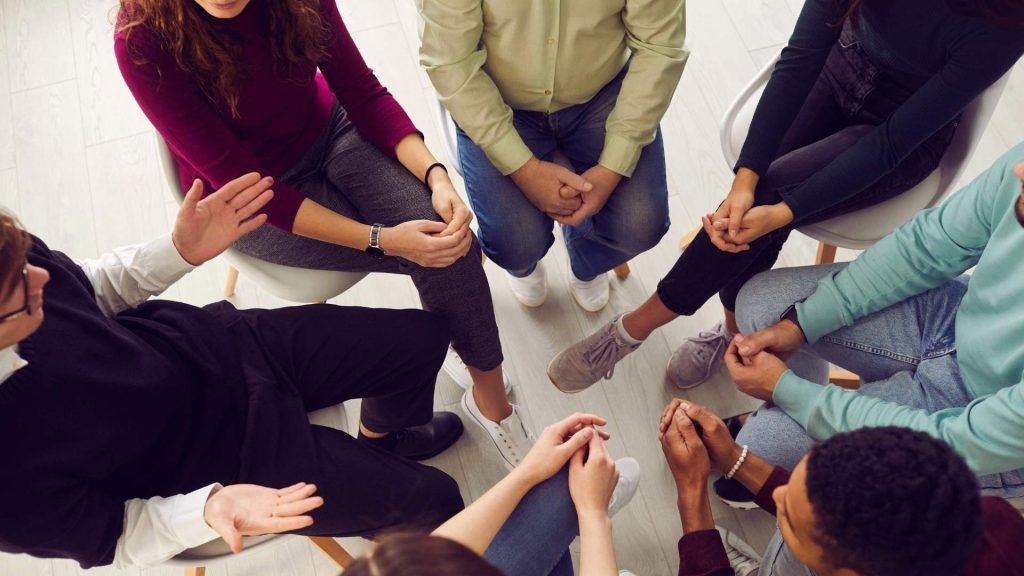 Group therapy session supporting recovery from substance use disorders