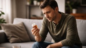 A man reading the Meloxicam side effects from a pill bottle