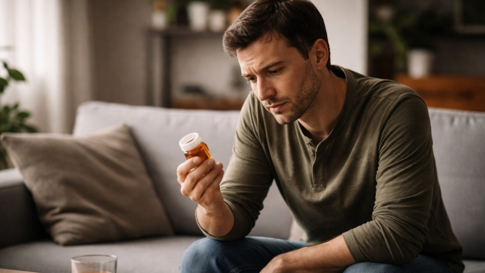 A man reading the Meloxicam side effects from a pill bottle