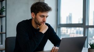 Cigna Rehab Coverage What Addiction Treatment Does Insurance Pay For hero image of man thinking while looking at his computer.