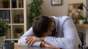 Will Meloxicam Make You Sleepy Drowsiness, and Tiredness What to Expect hero image of man falling asleep at his desk.