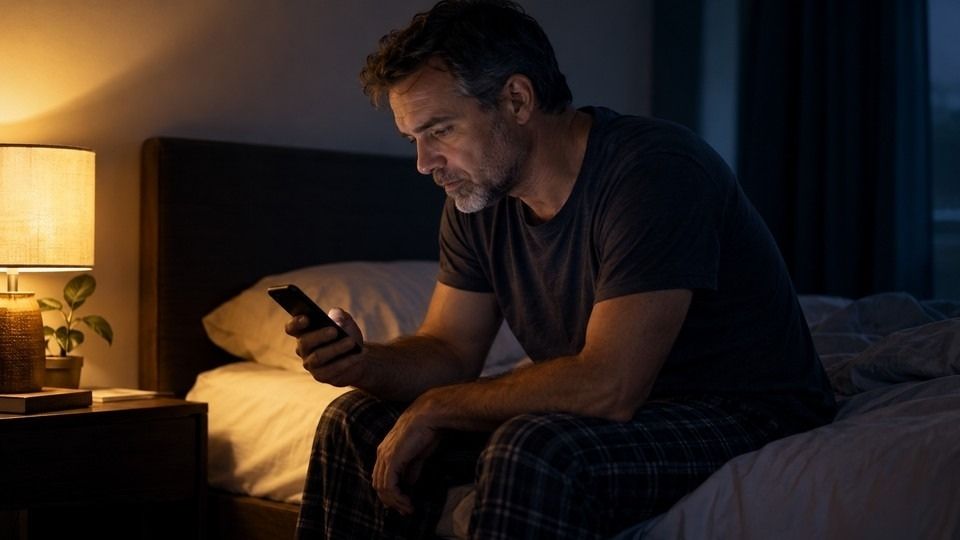 Man sitting on the edge of a bed looking at his phone at night.