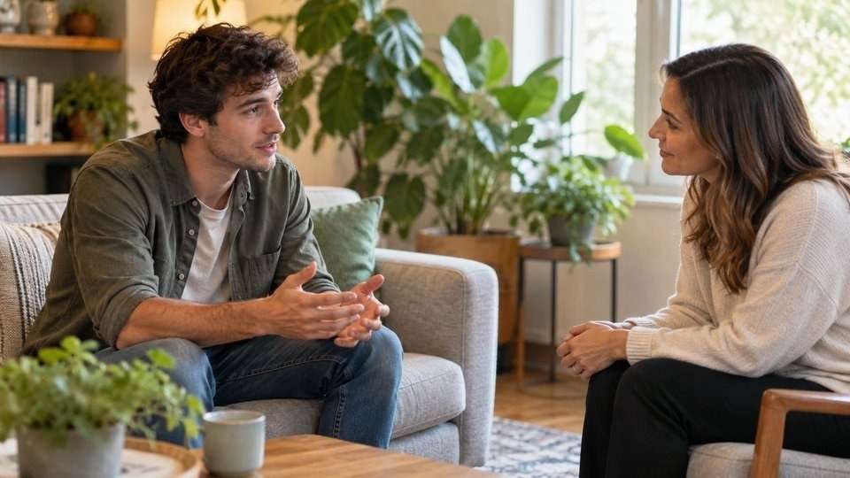 Young man talking with a counselor in a bright room with plants.