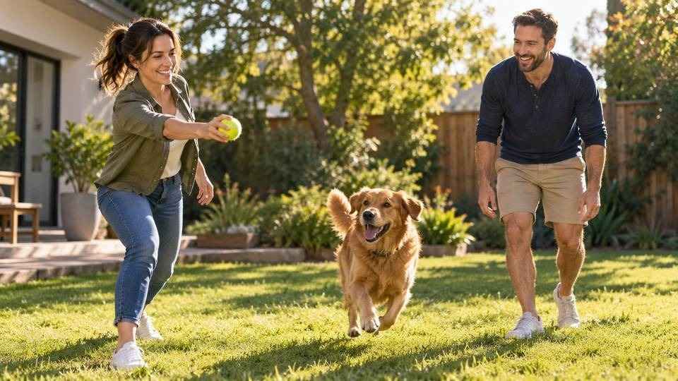 Couple playing with their dog in the backyard months into recovery, when cravings may be less frequent and easier to manage.