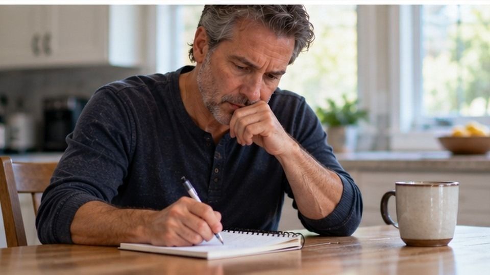 Father at a kitchen table writing down what the heroin he found looks like before calling for advice.