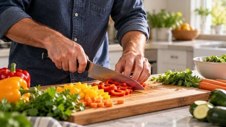 Man's hands chopping vegetables to stay busy while a craving passes, part of how cravings become easier to manage over time.