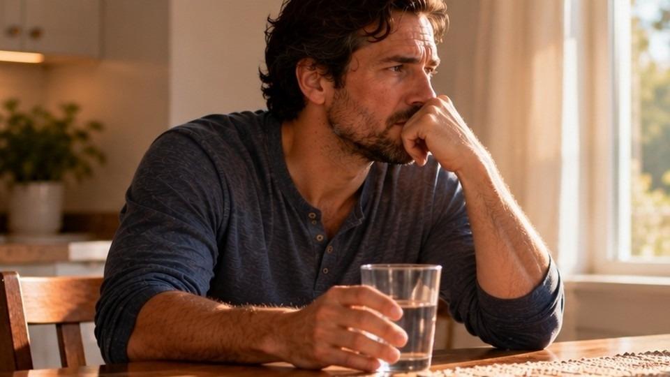 Man with a glass of water reflecting on long term health effects of heroin on the body.