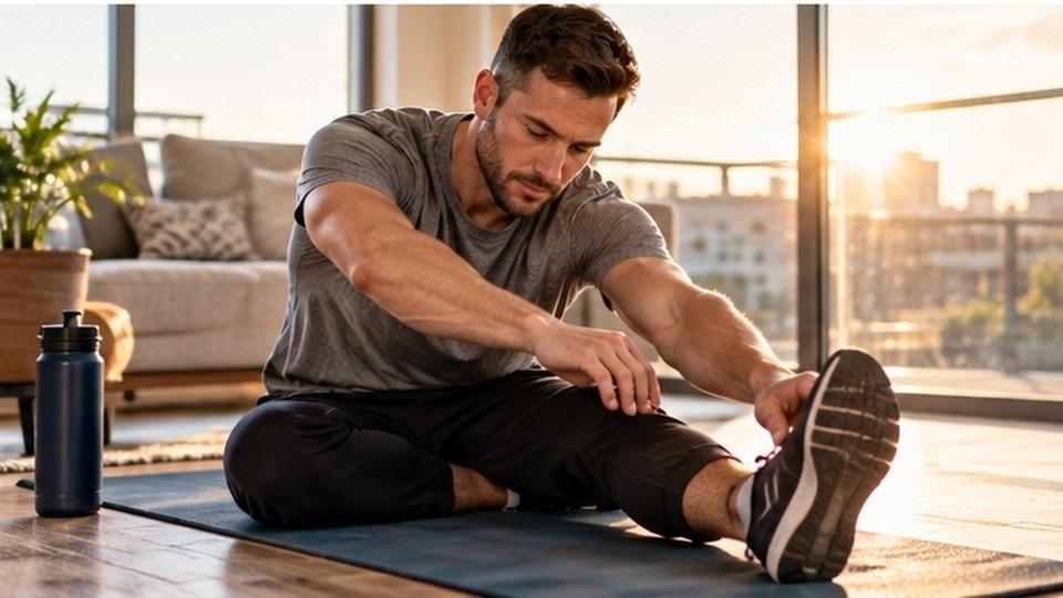 Man stretching on a yoga mat at sunrise to ease PAWS symptoms and improve sleep in early recovery.