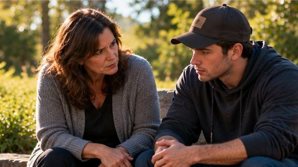 Mother and adult son talking calmly outdoors about his heroin use and getting help
