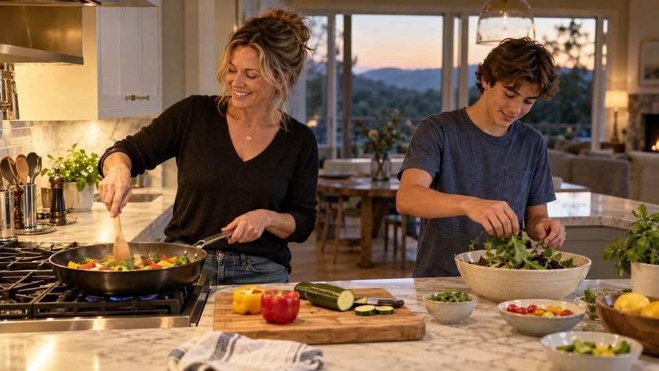 Mother cooking vegetables while her teenage son prepares a salad in a bright home kitchen.