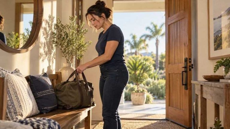 Woman in casual navy clothing setting a work bag on an entry bench beside an open front door.