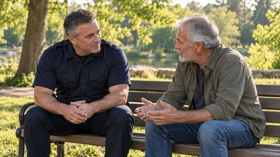 Man in a plain navy uniform talking with an older man in casual clothing on a park bench.