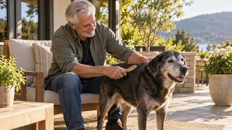 Older man brushing his gray-muzzled dog on a sunny patio