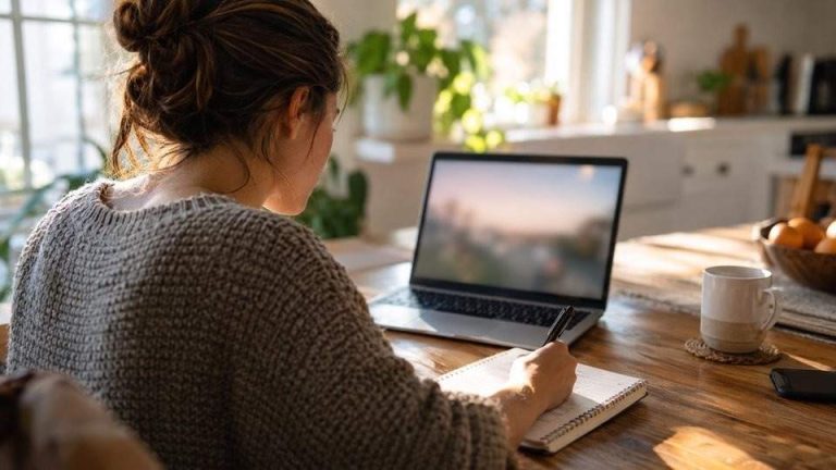 Young woman taking notes beside a laptop at a kitchen table.