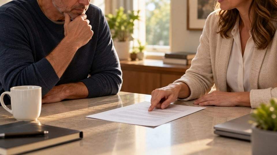Man reviewing an aftercare plan with a support person for the first year of recovery.