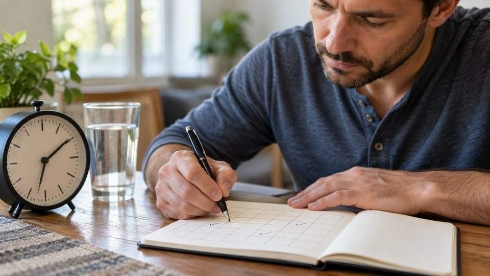 Man marking a simple heroin withdrawal timeline beside a clock and glass of water.