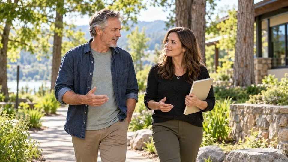 Two adults walking outdoors together as part of managing post acute withdrawal in recovery