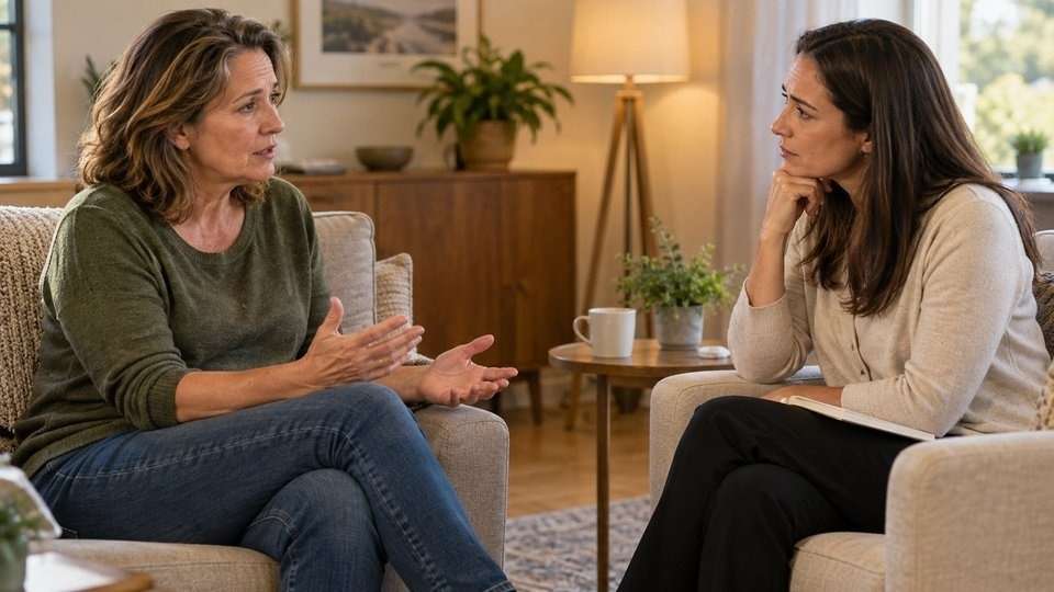 Woman speaking with a counselor about seeking help for persistent alcohol night sweats.