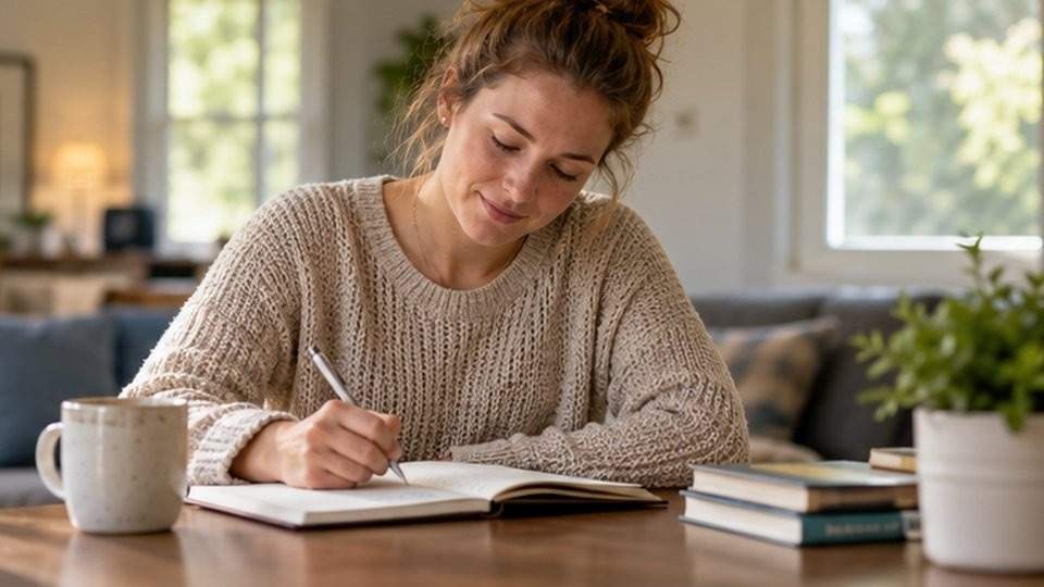 Young woman journaling at home while working through emotions in early recovery.