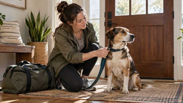 Woman attaching a leash to her dog by the front door beside a packed duffel bag.