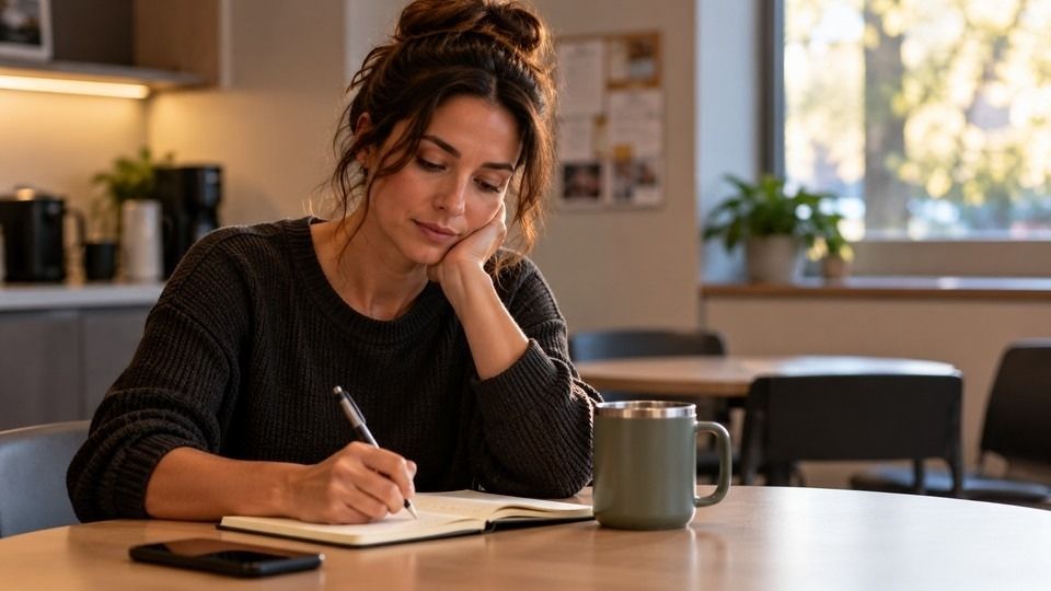 Woman in early recovery writing notes about the California sober approach and her goals.