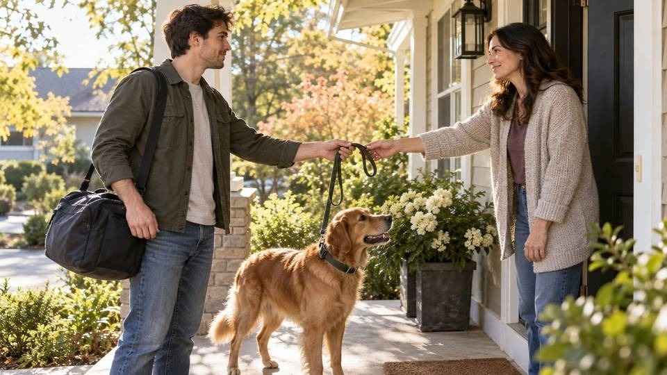 Young man handing his dog's leash to a woman on a front porch beside his travel bag.