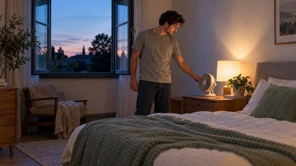 Young man adjusting a bedside fan in an open-window bedroom for comfort during alcohol withdrawal sweats.